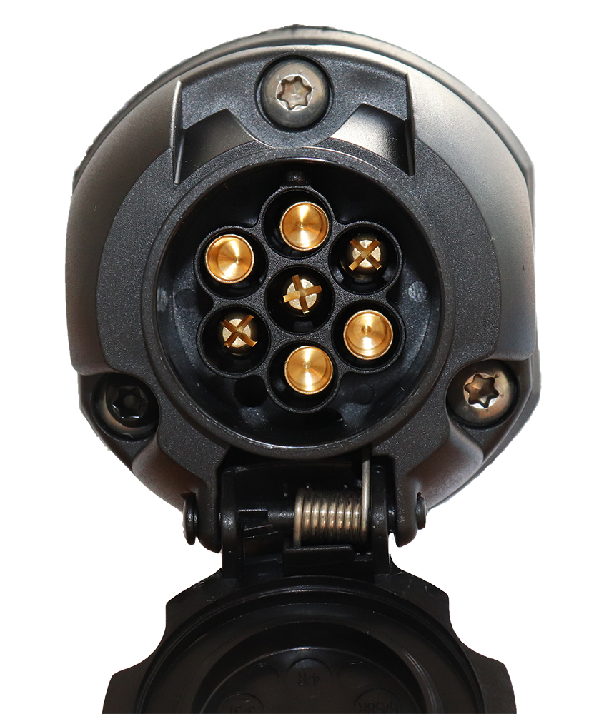 Adaptateur / réducteur de tension 24V > 12V – connecte une prise 13P/24V (similaire à ISO 12098) du côté du véhicule avec une fiche 7P/12V (ISO 1724) du côté de la remorque Erich Jaeger 311306