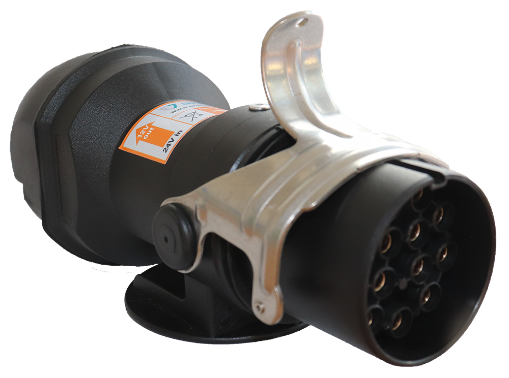 Adaptateur / réducteur de tension 24V > 12V – connecte une prise 13P/24V (similaire à ISO 12098) du côté du véhicule avec une fiche 7P/12V (ISO 1724) du côté de la remorque Erich Jaeger 311306
