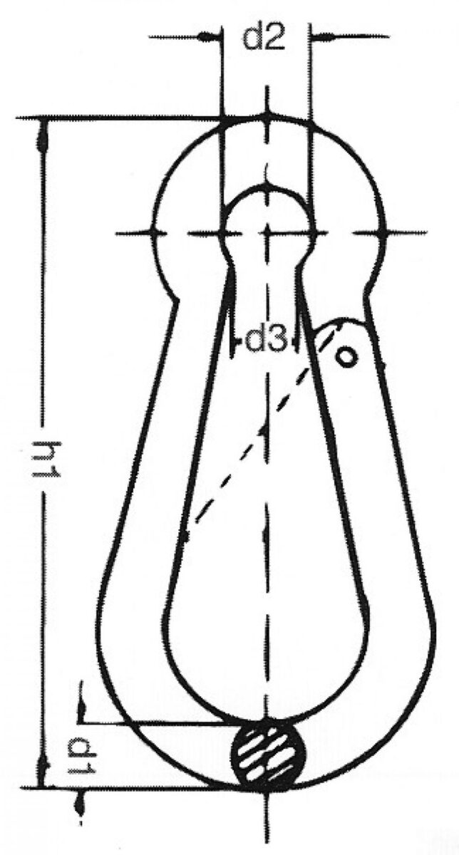 Karabinerhaken — d1: 10 mm; h1: 100 mm; d2: 15 mm; d3: 11 mm; Zul.Belastung (kg): 300 Knott 412950.001