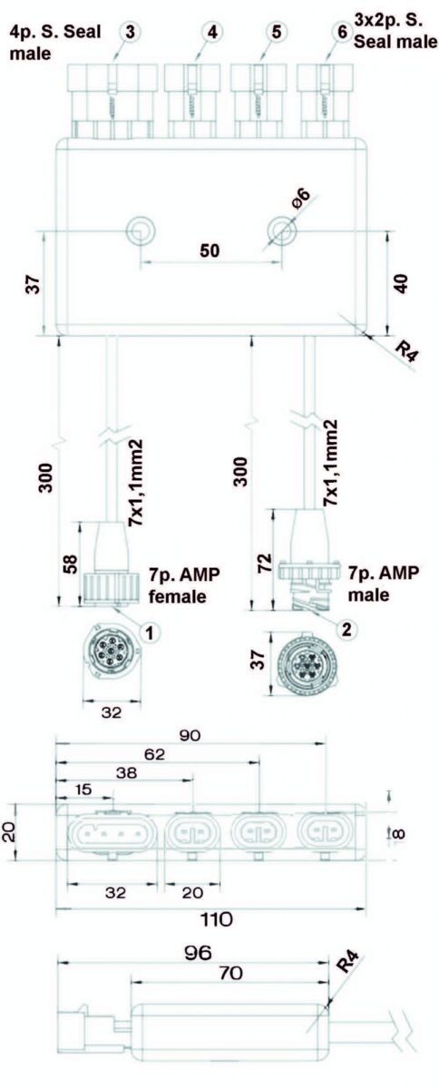 In & Out: Kabel avec AMP 7-pol. Ausgänge: 1x AMP Superseal 4-pol. 3x AMP Superseal 2-pol. — ID- Nr.: 76-9035-007 Knott 422603.001
