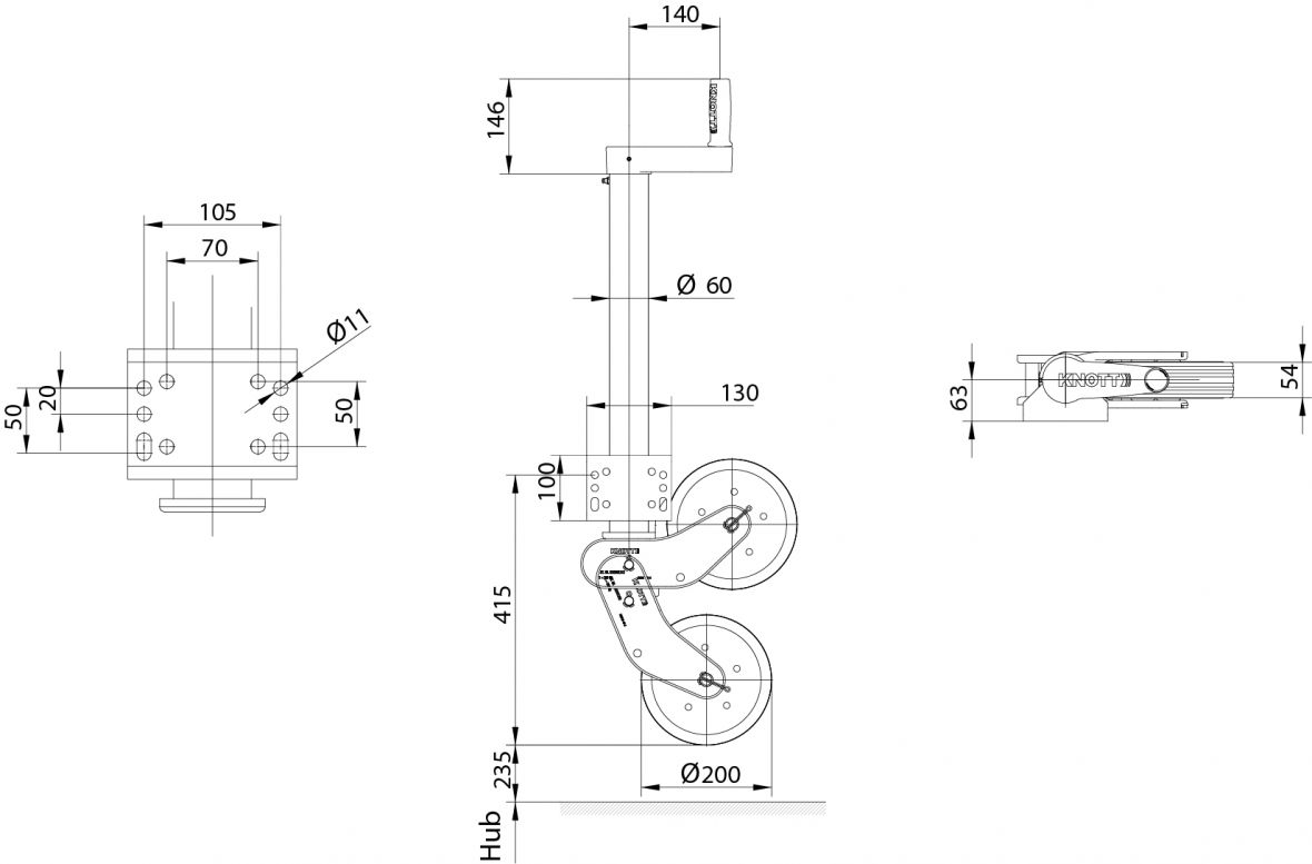 Roue jockey galvanisé avec manivelle plastique Knott 424197.001