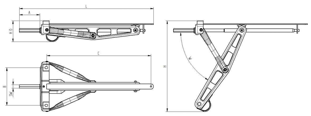 Ausdrehstützen sans Gleitschiene — max. stat. Tragkraft kg: 800kg bei 45° 500kg bei 36°; moyeu: 358 mm; L: 619; A: 18; B: 215; C: 560; H 0: 97; H: 455; W: 60°; Schlüssel weite: 19; Lochbild: 215/560 Knott 9894439201