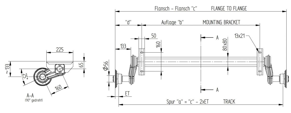 Essieu non freiné 850-1050kg 5×112 Knott B304184023