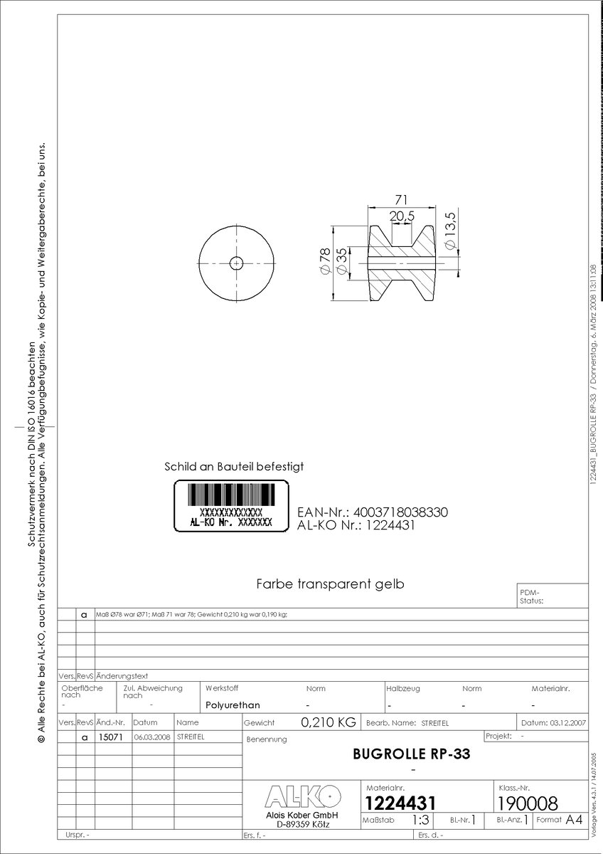 Rouleau de quille — type RP-54, Ø 119 x 74,5 mm, trou Ø 20,5 mm AL-KO 1224462