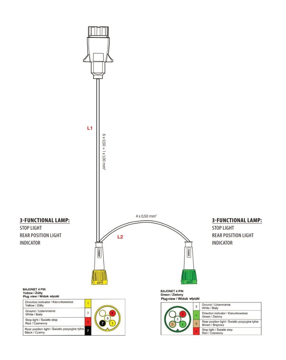Faisceau de remorque TYP-XIA 12 V — 2 branches vers feux à connecteur BAJONET 4 PIN Fristom