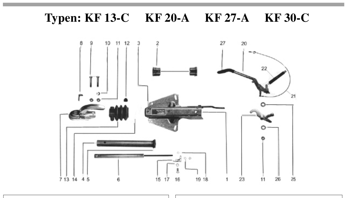 Vue éclatée Commande de freinage Knott KF 13 - KF 30 Handbremshebel Gasfeder