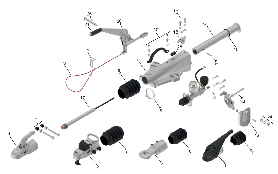 Vue éclatée Commande de freinage Knott KFG35-D — exécution HF hydraulique