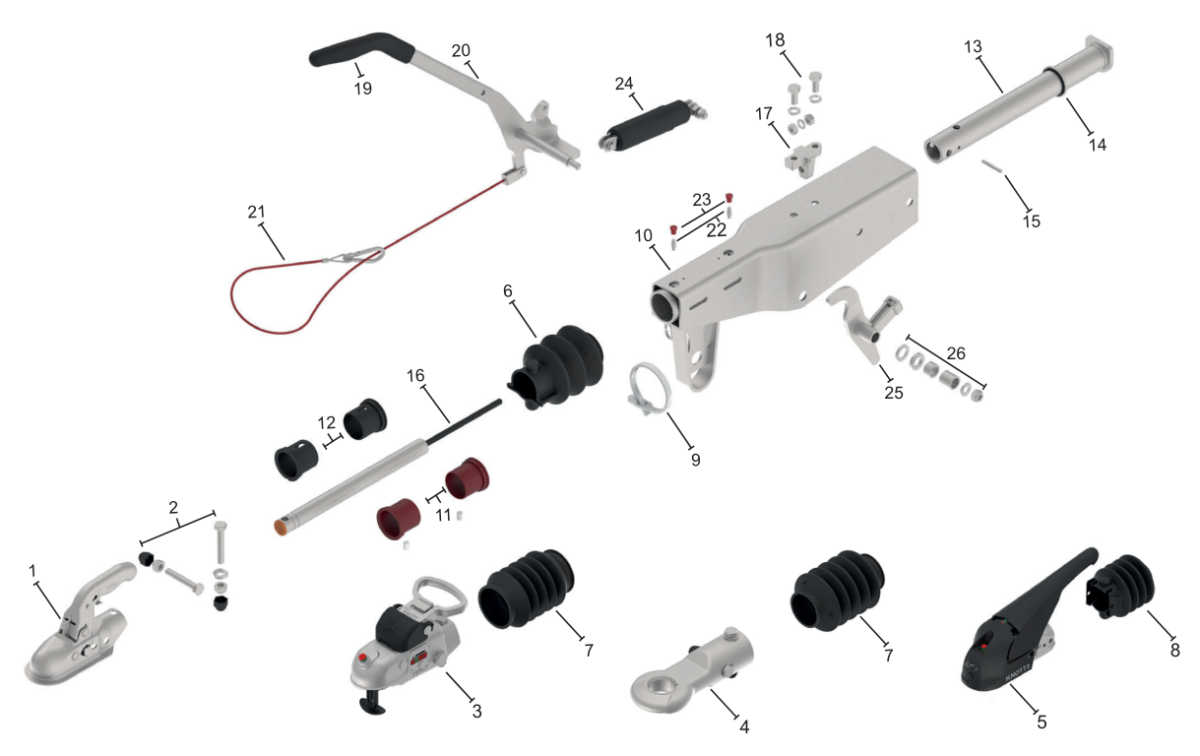 Vue éclatée Commande de freinage Knott KRV20-A-A1 — exécution GF