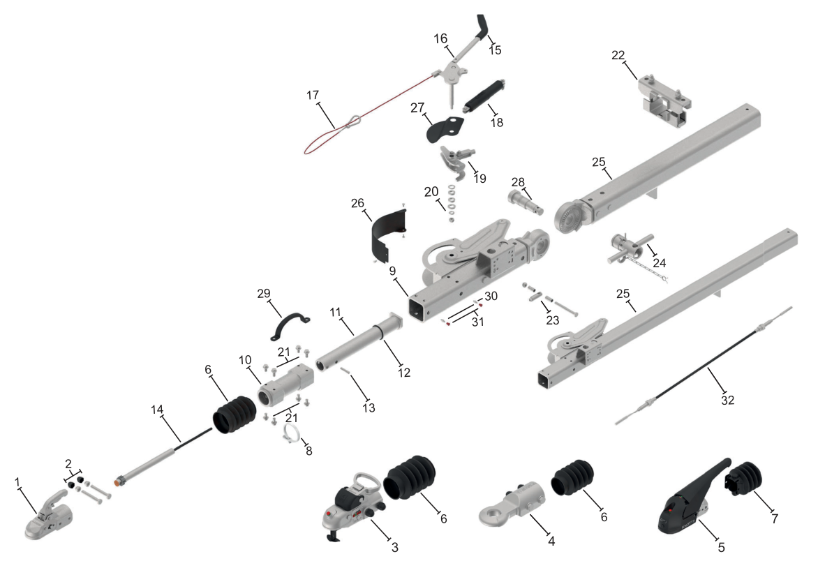 Vue éclatée Commande de freinage Knott KR35-D — exécution GF horizontale / amovible