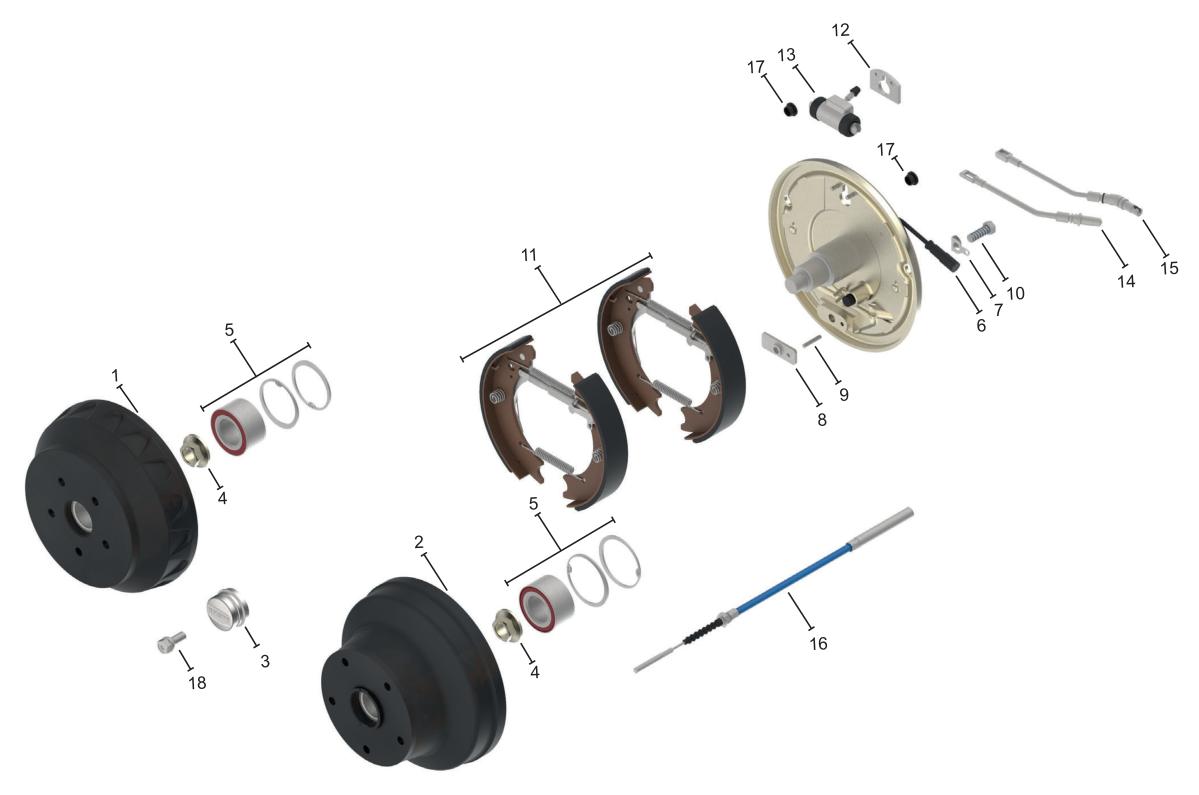Vue éclatée Frein de roue 250 × 40 hydraulique Simplex — Knott 25-4303 (roulement compact à billes), rattrapage automatique, ABS