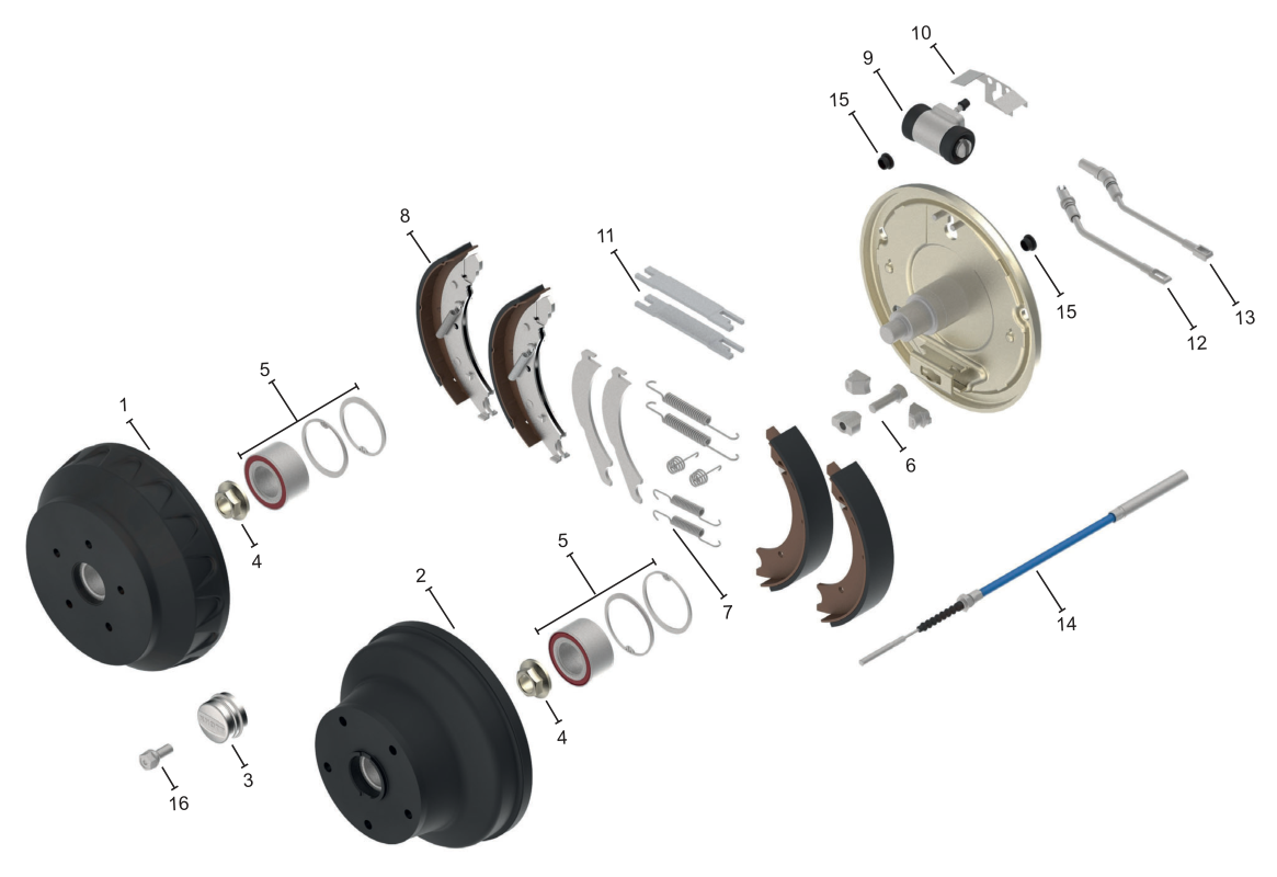 Vue éclatée Frein de roue 250 × 40 hydraulique B. — Knott 25-4066 (roulement compact à billes)