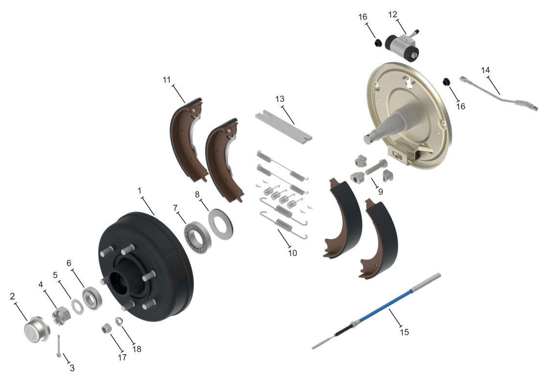 Vue éclatée Frein de roue 300 × 60 hydraulique — Knott 30-3922 (roulements à rouleaux coniques)