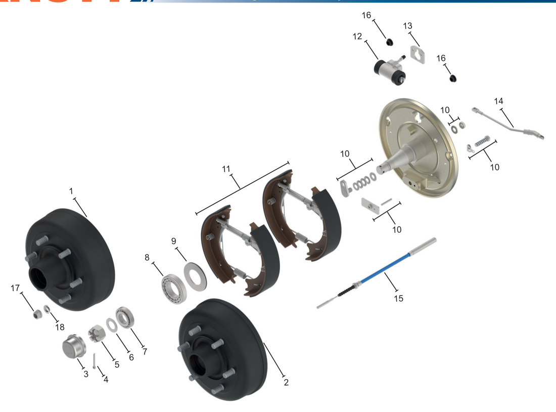 Vue éclatée Frein de roue 300 × 60 hydraulique — Knott 30-4302 (roulements à rouleaux coniques), rattrapage automatique