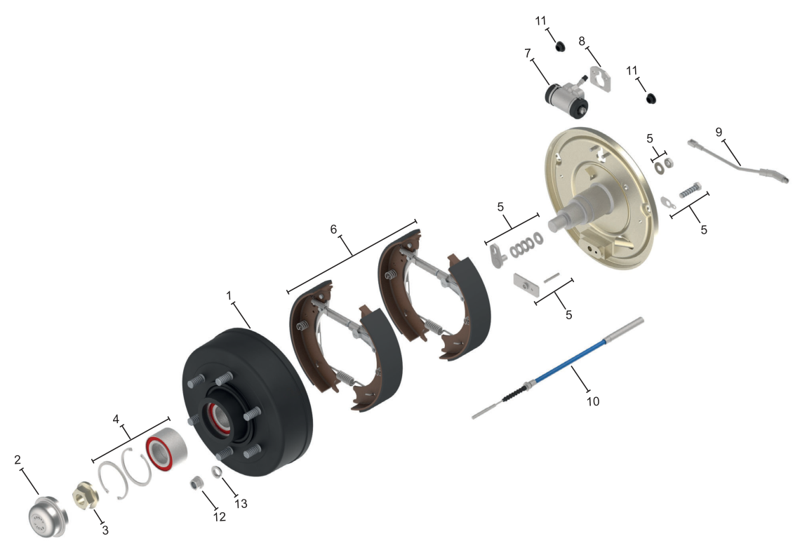 Vue éclatée Frein de roue 300 × 60 hydraulique — Knott 30-4302 (roulement compact à billes), rattrapage automatique