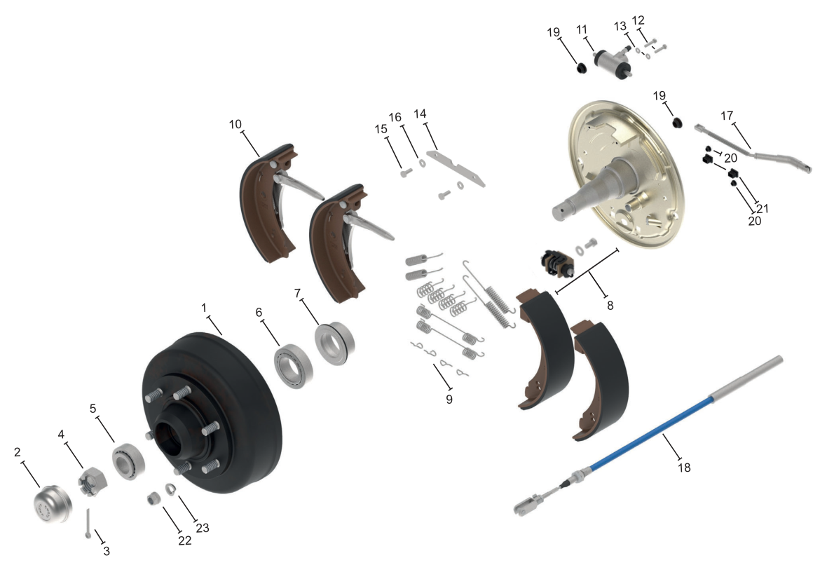 Vue éclatée Frein de roue 325 × 80 hydraulique Servo — Knott 32,5-4301 (roulements à rouleaux coniques), rattrapage automatique