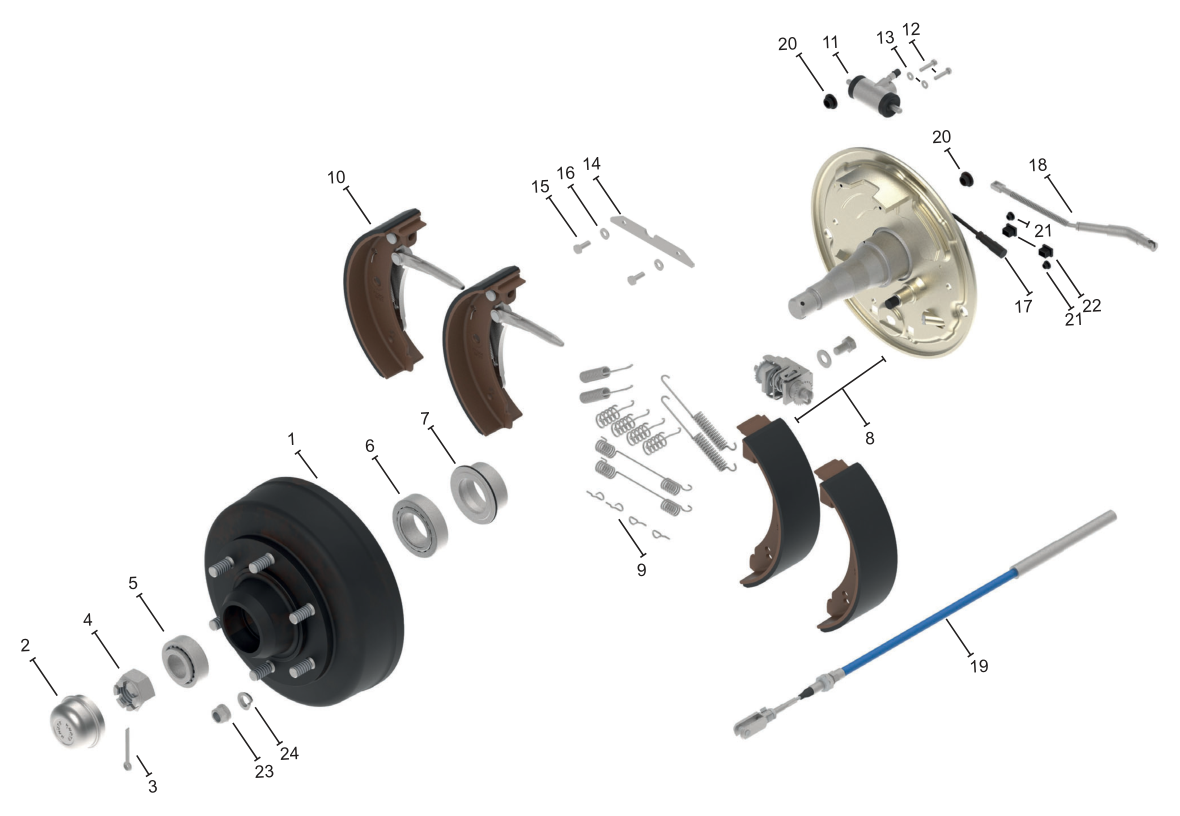 Vue éclatée Frein de roue 325 × 80 hydraulique Servo — Knott 32,5-4301 (roulements à rouleaux coniques), rattrapage automatique, ABS