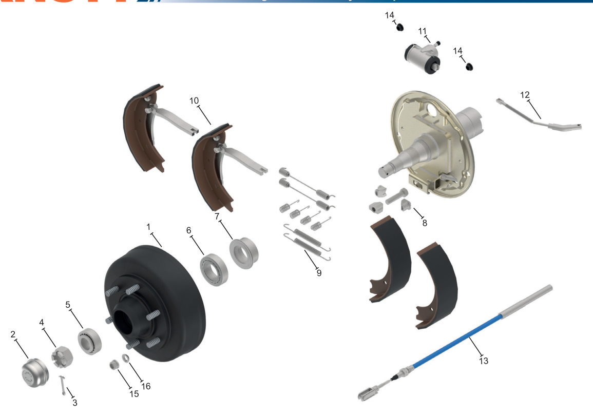 Vue éclatée Frein de roue 325 × 80 hydraulique Simplex — Knott 32,5-4317 (roulements à rouleaux coniques)