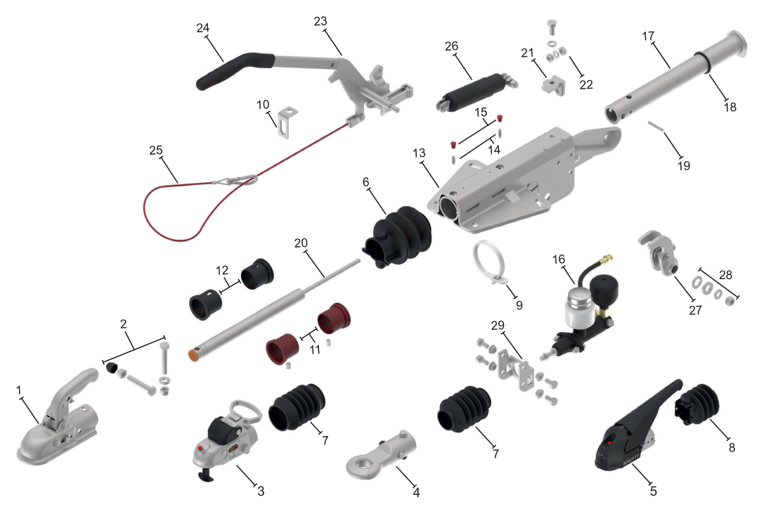Vue éclatée Commande de freinage Knott KF20-A — exécution GF hydraulique