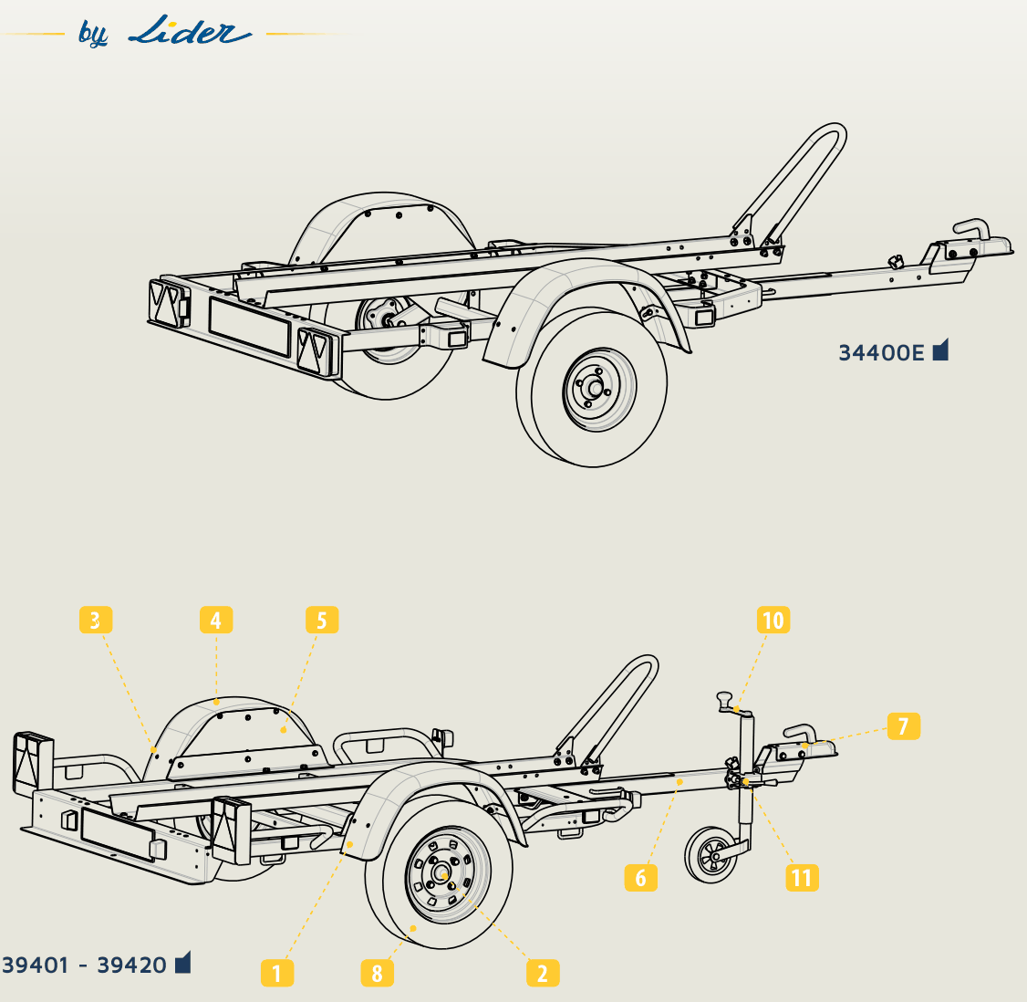 Vue éclatée Remorque Lider 34400E — vue d'ensemble (Porte-motos)