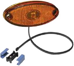 Feux de position orange LED ASPOCK — Dimensions : 100 x 46 x 15 mm. Entraxe : 85 mm. Livré avec câble 2,5 m et connecteurs Rulquin 1FK6889